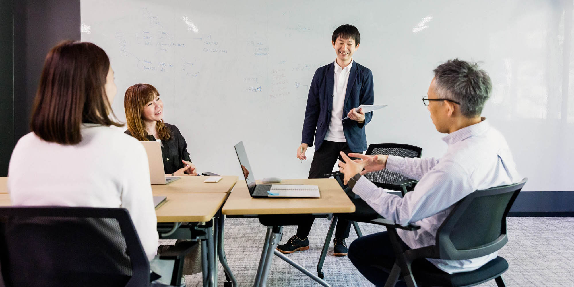 ホワイトボードの前でディスカッション